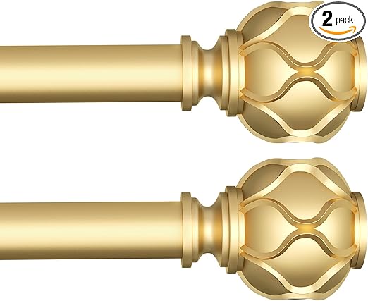 2 Pack Gold Heavy Duty Curtain Rods for Windows 66 to 120 inch, 1 Inch Curtain Rod, Adjustable Decorative Long Curtain Rods For Bedroom, Living Room, Outdoor (Gold,16"-120”)