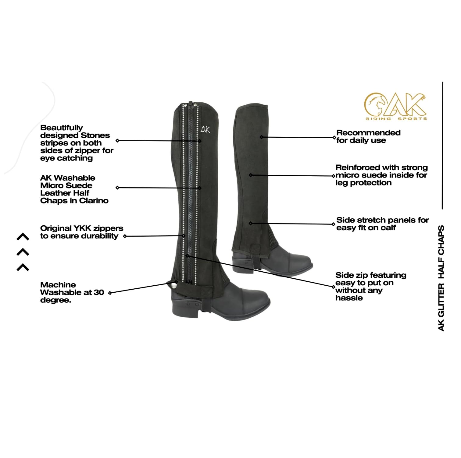AK Mini-Chaps d'équitation en Cuir suédé Lavable avec rangées de Cristaux Horse Riding Half Chaps AKRS-1890