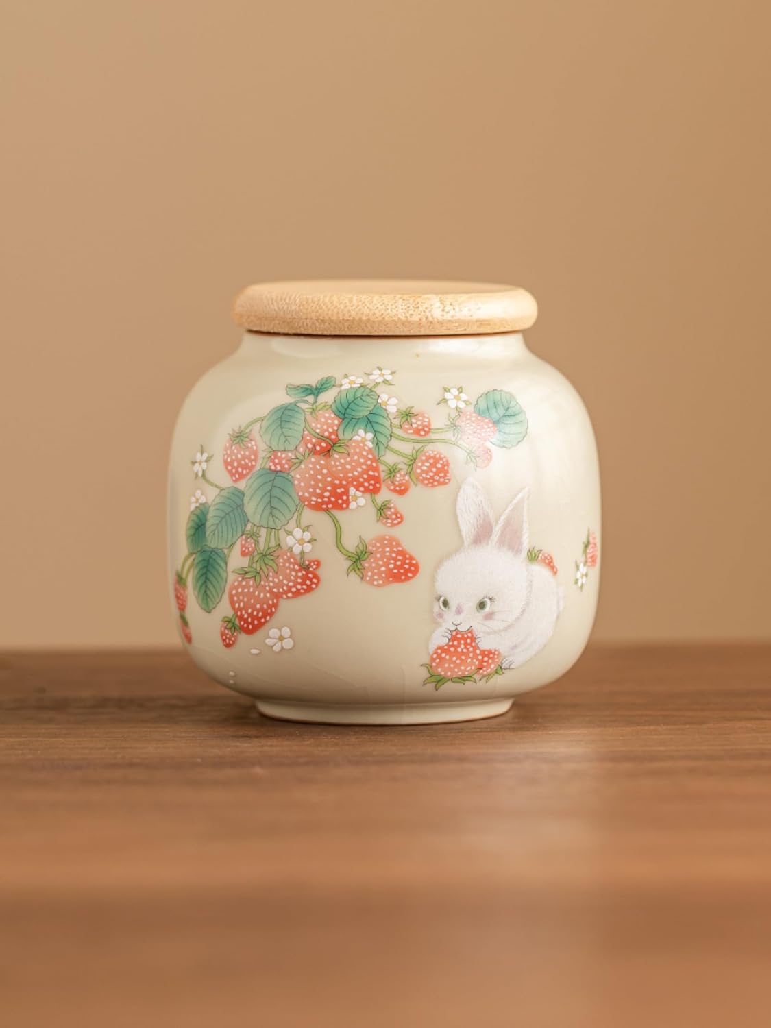 Ru Kiln Strawberry Rabbit Tea Canister, 200ml 6.8oz, Storage Tank Sealed Storage Tank Tea Storage Caddy