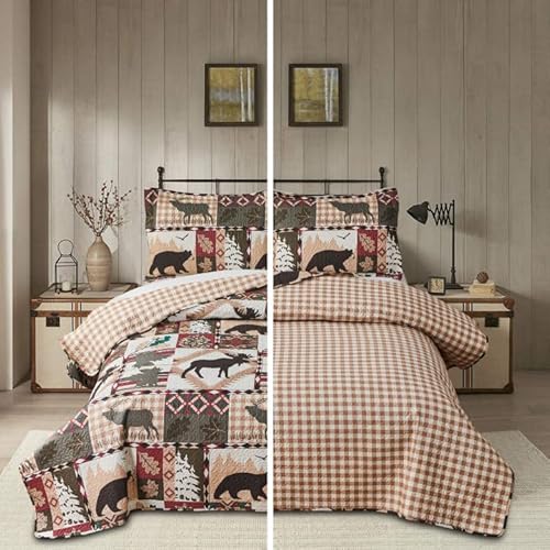 Rustic Plaid Bear Quilt Set Twin Size Cabin 3-Piece Reversible All Season Bedding Set Lodge Bedspread Coverlet Set, Brown #TOP6