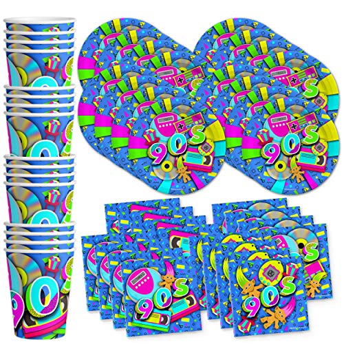 90's Birthday Party Supplies Set Plates Napkins Cups Tableware Kit for 16