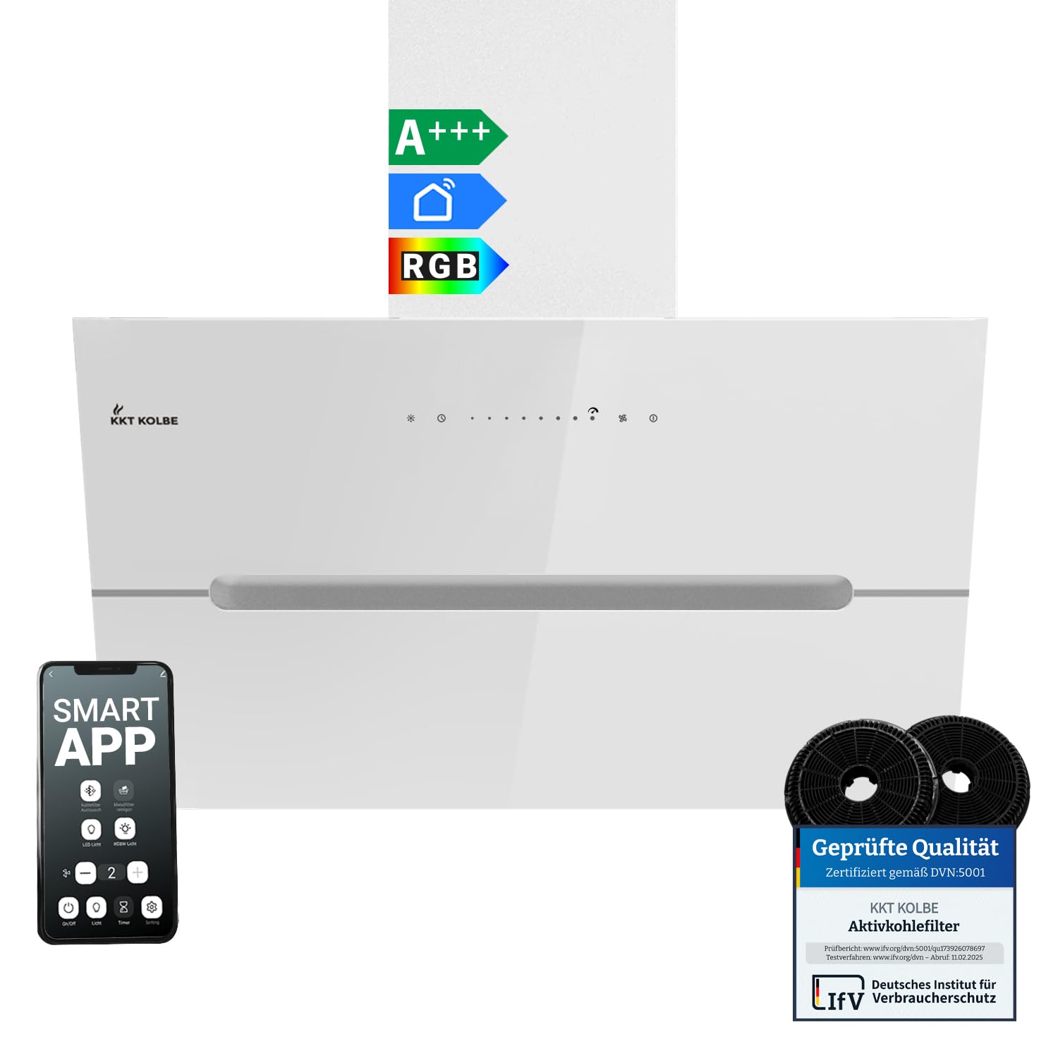 KKT KOLBE Campana extractora inclinada 80 cm | 782 m3/h recirculación o salida | frontal libre | cristal blanco | WiFi App | iluminación LED RGBW | ECCO8005WM