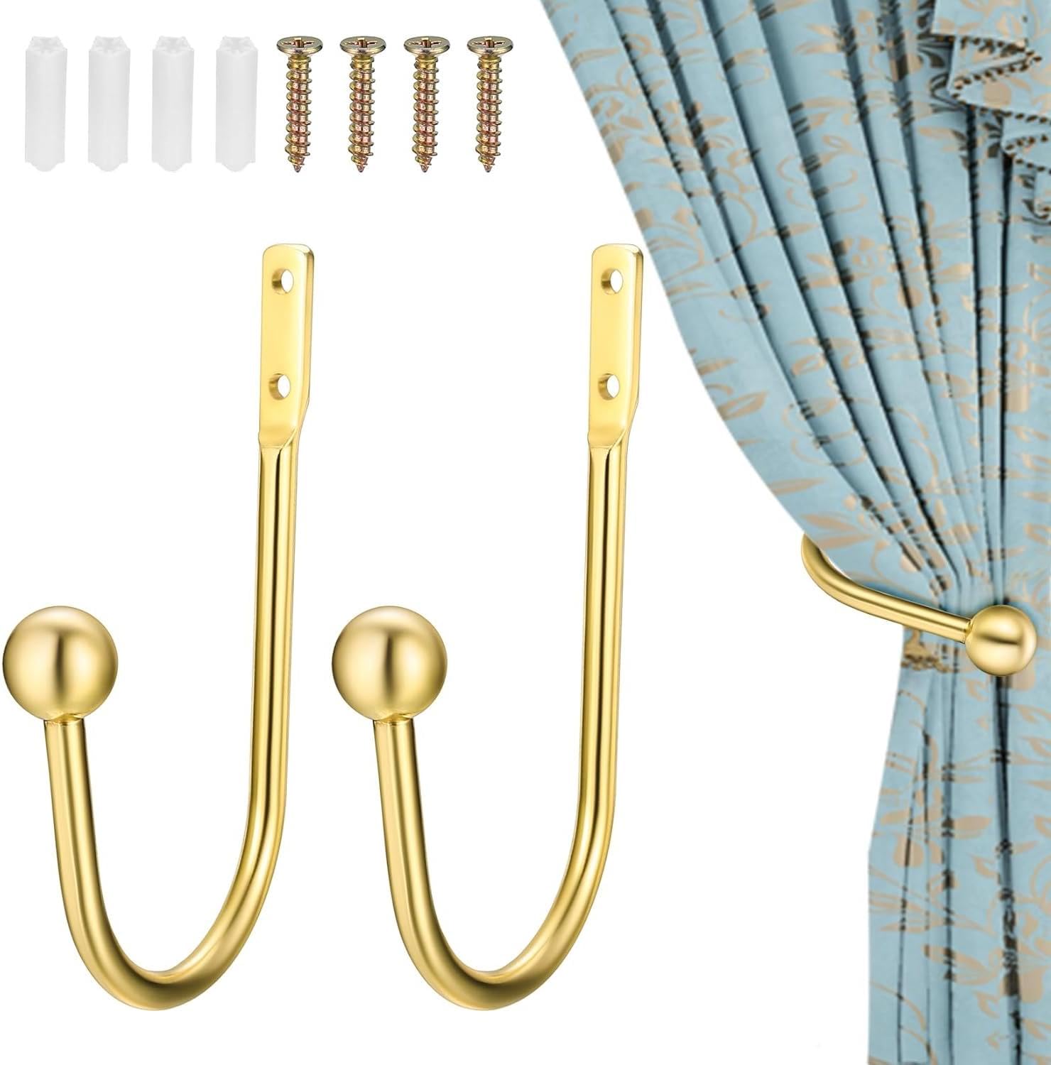 Metal Curtain Holdbacks, 2 Pcs Curtain Tie Backs Hooks, Retro U-Shaped Wall Mounted Curtain Tieback Decorative Drapery Holder with Screws for Bedroom Fixed Curtain or Hanging Items (Golden)