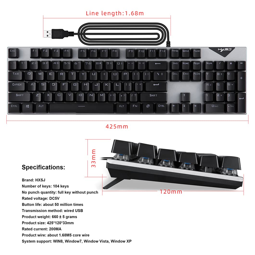 Kolorowa klawiatura do gier 104 klawisze, mechaniczna przewodowa klawiatura mieszanka RGB podświetlany niebieski przełącznik do gry laptopa PC