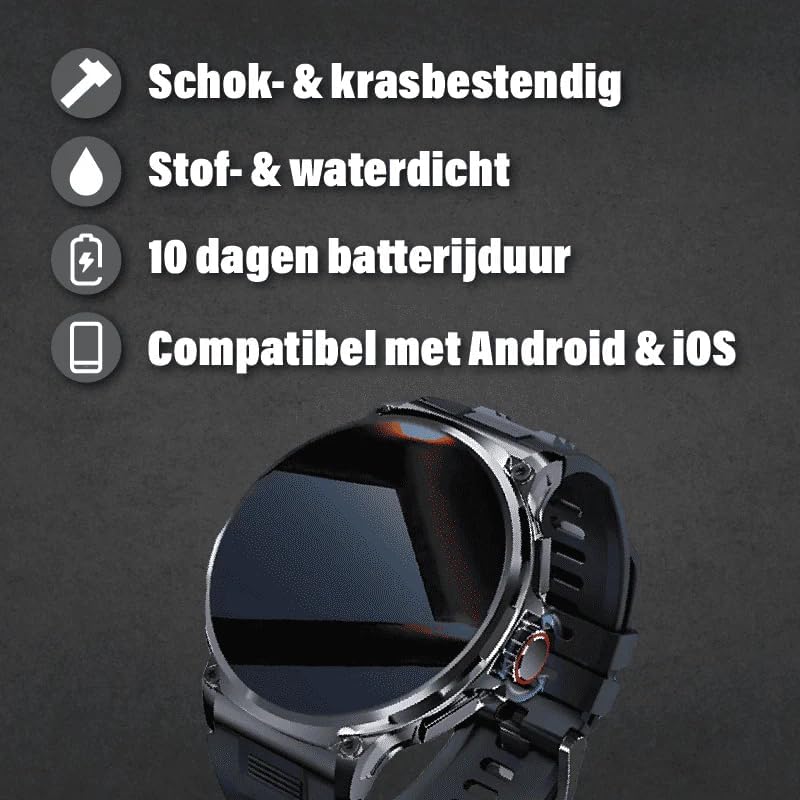 Icons representing shock and scratch resistance, dust and water resistance, 10-day battery life, and Android/iOS compatibility for the SWZEC Zeus Smartwatch.