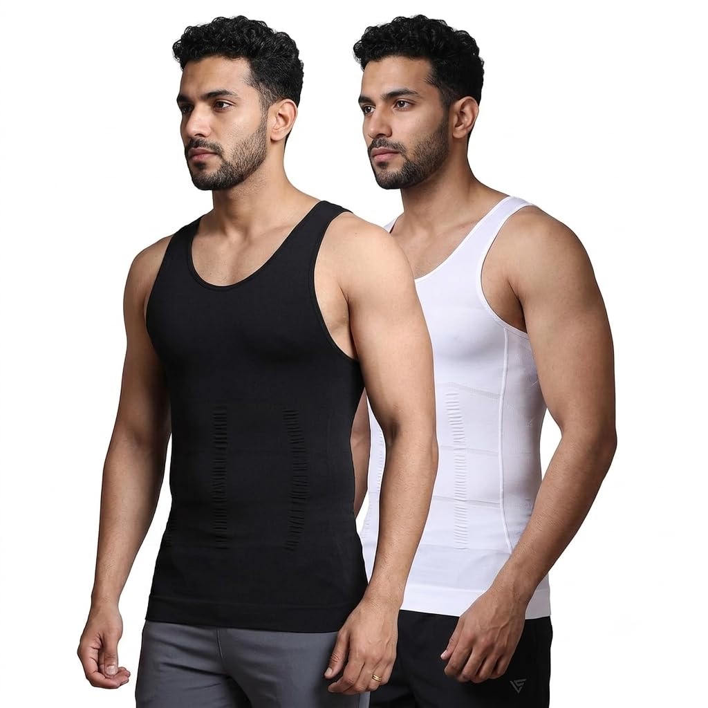 Slim N Lift Men's Shapewear Vest | Tummy Control Compression Tank Top Pack of 2 White/Black-image-41