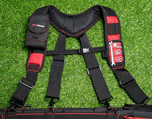 Melo Tough Magnetic Suspenders Tool Belt Suspenders With Large Moveable Phone Holder, Pencil Holder, Adjustable Size Padded Suspenders (Red) #TOP2