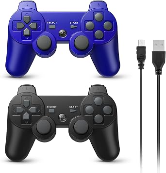 Powerextra Wireless Controller for PS3, 2 Pack High Performance Gaming Controller with Upgraded Joystick Double Shock for Play-Station 3 (Black and Blue)