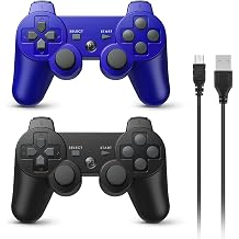 Powerextra Wireless Controller for PS3, 2 Pack High Performance Gaming Controller with Upgraded Joystick Double Shock for Play-Station 3 Black and Blue