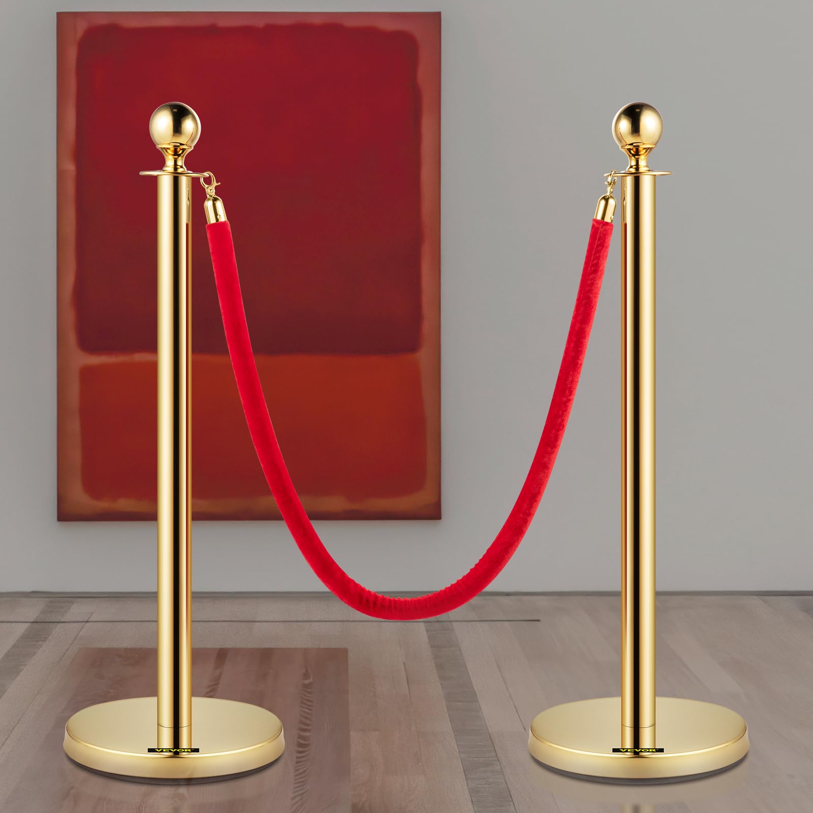 VEVOR Poteau de Guidage Doré 2PCs, Barrière de Balisage avec Corde Velours Rouge 1,5m pour Contrôle de Foules