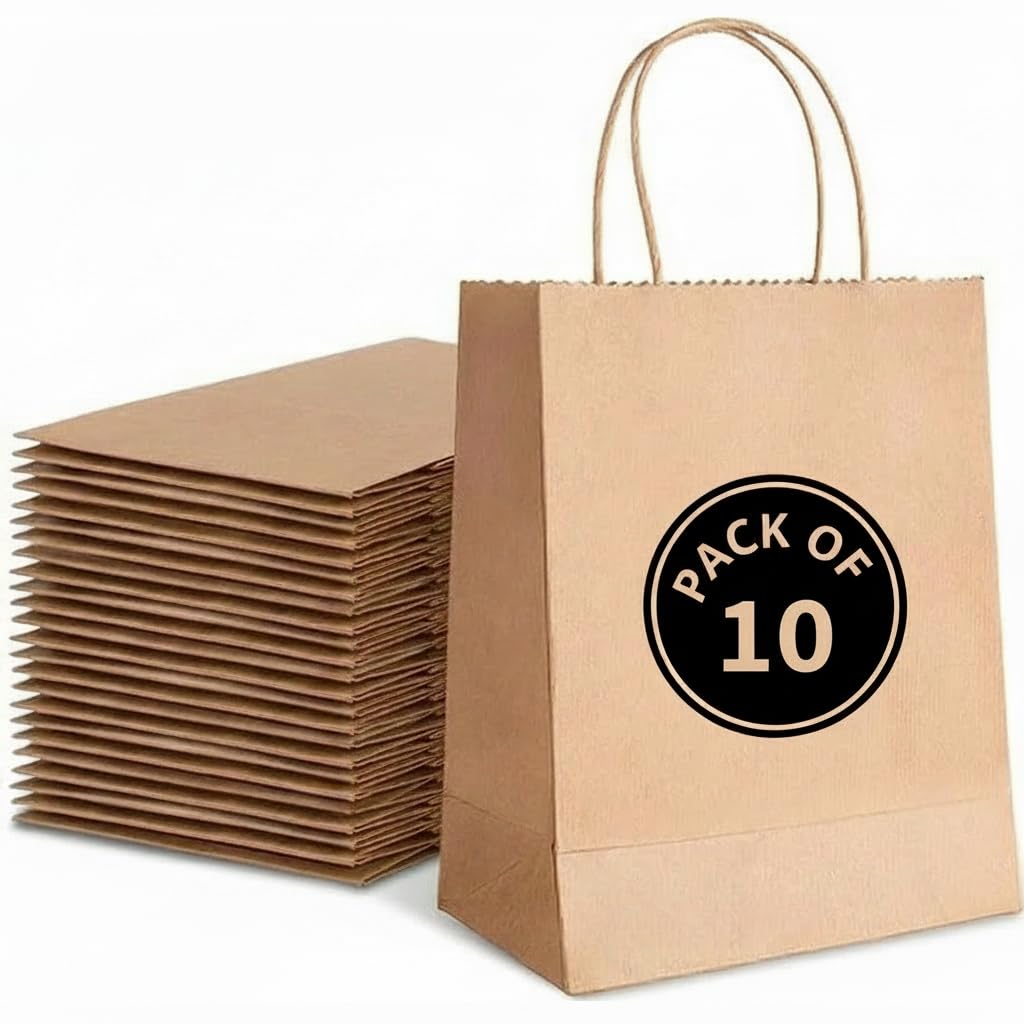 KHAANA PACKAGING Brown Paper Carry Bags with Handles 13x10x11 Inch Heavy Duty Kraft, Eco Friendly Recyclable Grocery Shopping Gift Bags, Wedding Party Favor Retail Merchandise Bags (Pack of 10)