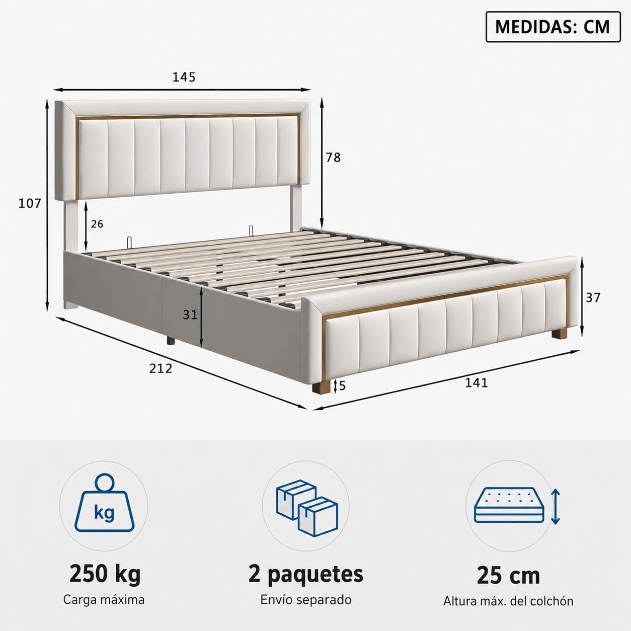 Cama de Matrimonio 140x200 cm con Canapé Abatible, Cama Tapizada de Terciopelo con Gran Espacio de Almacenamiento, Cabecero y Pie de Cama Acolchados, sin Colchón, Beige