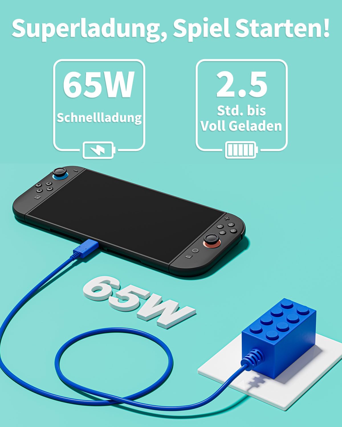 Caricabatterie Switch da 65 W compatibile con Nintendo Switch 2, caricabatterie rapido USB C per Switch 2/Steam Deck, adattatore CA da 1,5 M, design a blocchi di costruzione blu