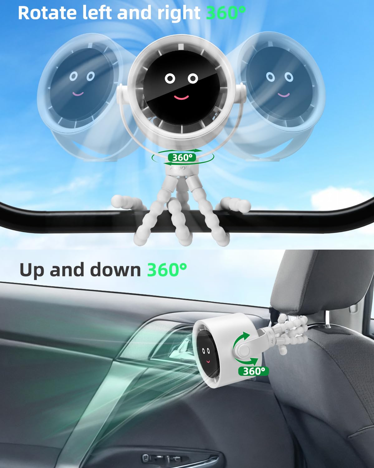 Akejrym Ventilatore per passeggino portatile, ventilatore personale da viaggio, Air Turbo Tech e display digitale, rimovibile a 5 velocità, ricaricabile a 360°, treppiede flessibile, per casa, ufficio