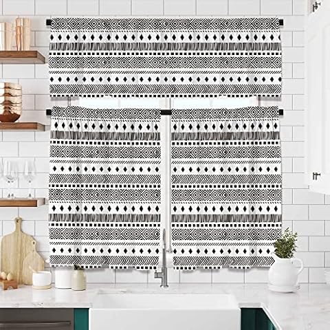 Yilinata Black and White Boho Window Curtains Set with Valance 26 Inch Length 3pcs Modern Blackout Kitchen Curtain Sets Modern Farmhouse Curtain Drape Short for Bathroom and Bedroom Cover