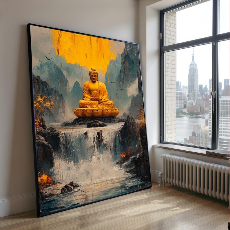 Toile bouddha cascade art mural zen salon affiche méditation peinture 70x110 cm