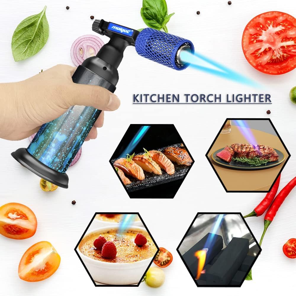Encendedor de butano azul con cubierta protectora de acero inoxidable antiquemaduras, linterna de gas recargable para cocina, protector de llama ajustable con funda (gas no incluido) (acero
