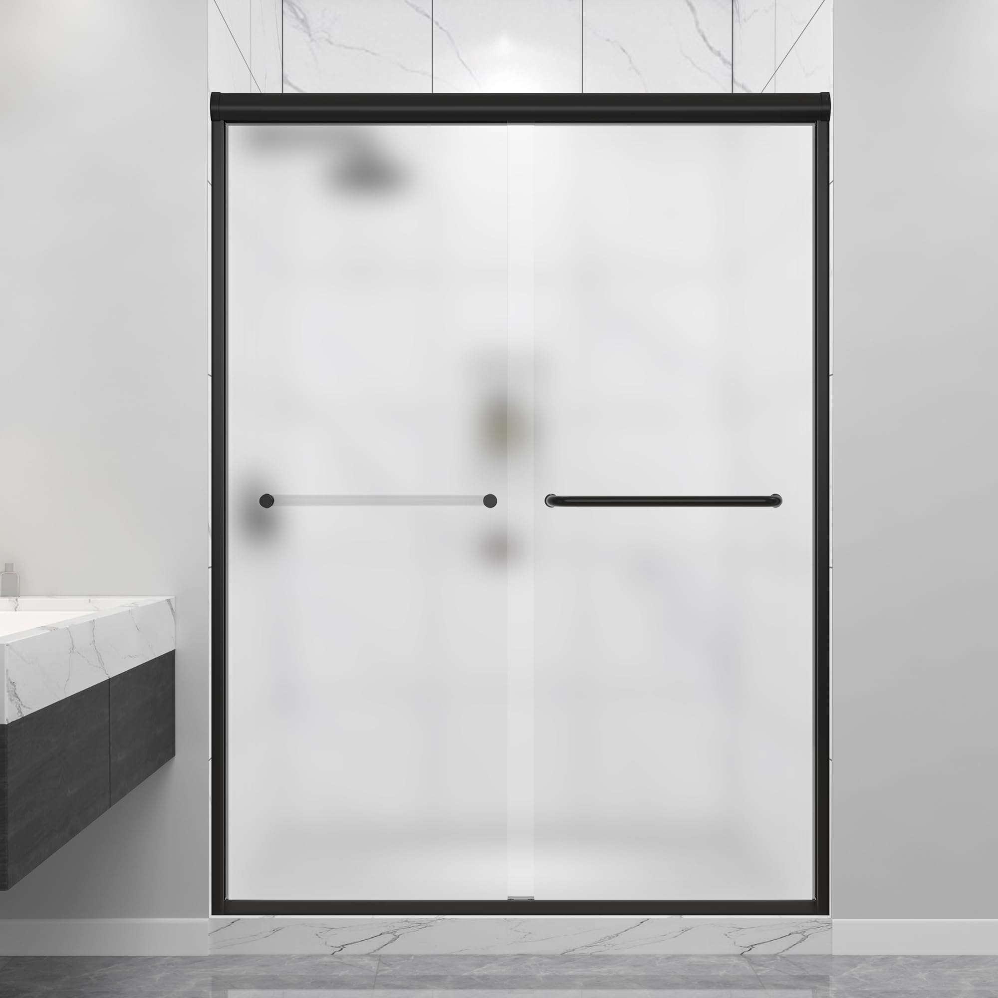 Frosted Double Sliding Shower Door 49-49-54" W x 70" H, Matte Black, Bypass Shower Door, Framed, 1/4" (6mm) Tempered Glass