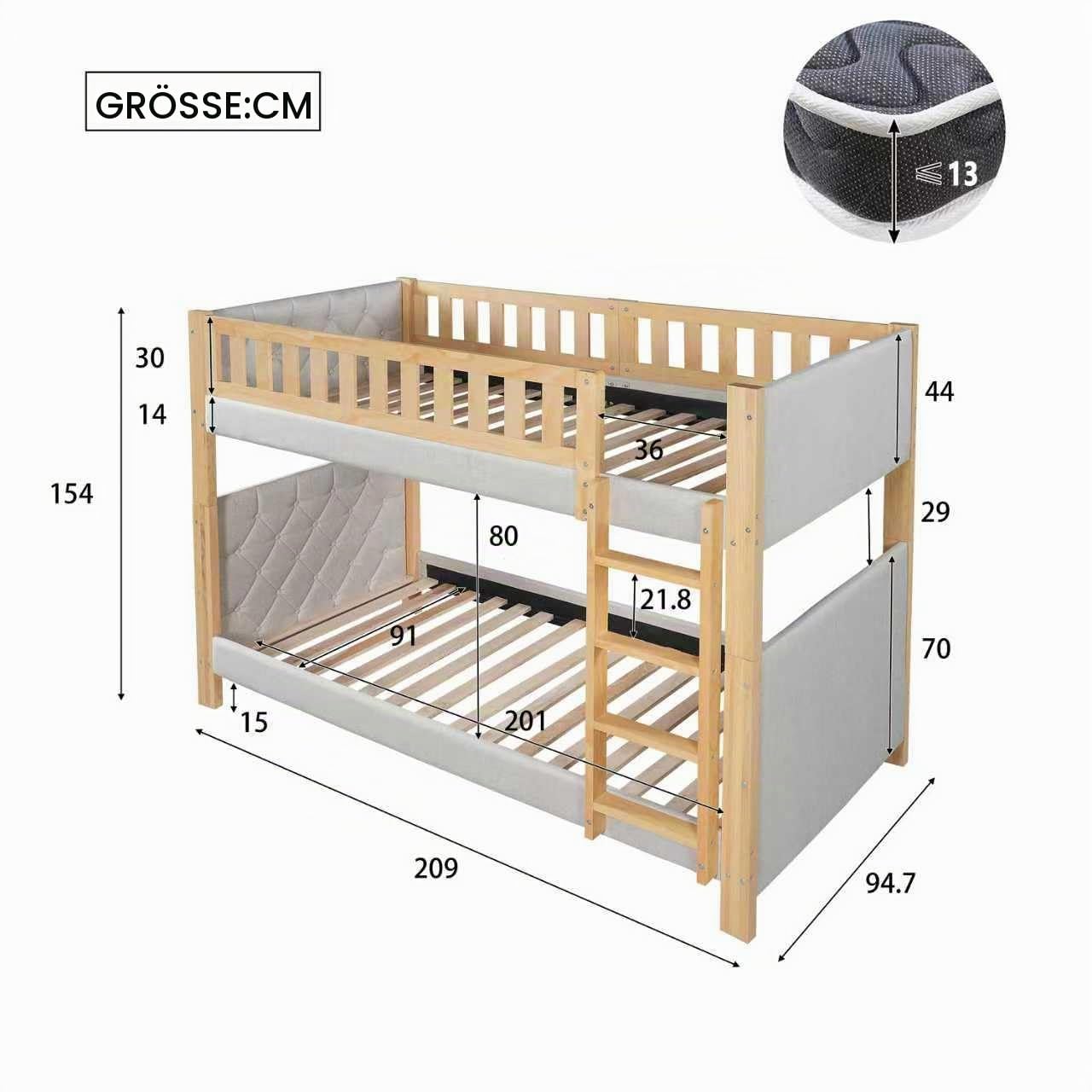 Etagenbett 90x200cm, Kinderbett mit Weiche Antikollisions-Schwammkante und Vierstufige Gerade Treppe, Stabile Lattenroste, Kautschukholz+MDF, Grau+Natur,Ohne Matratze