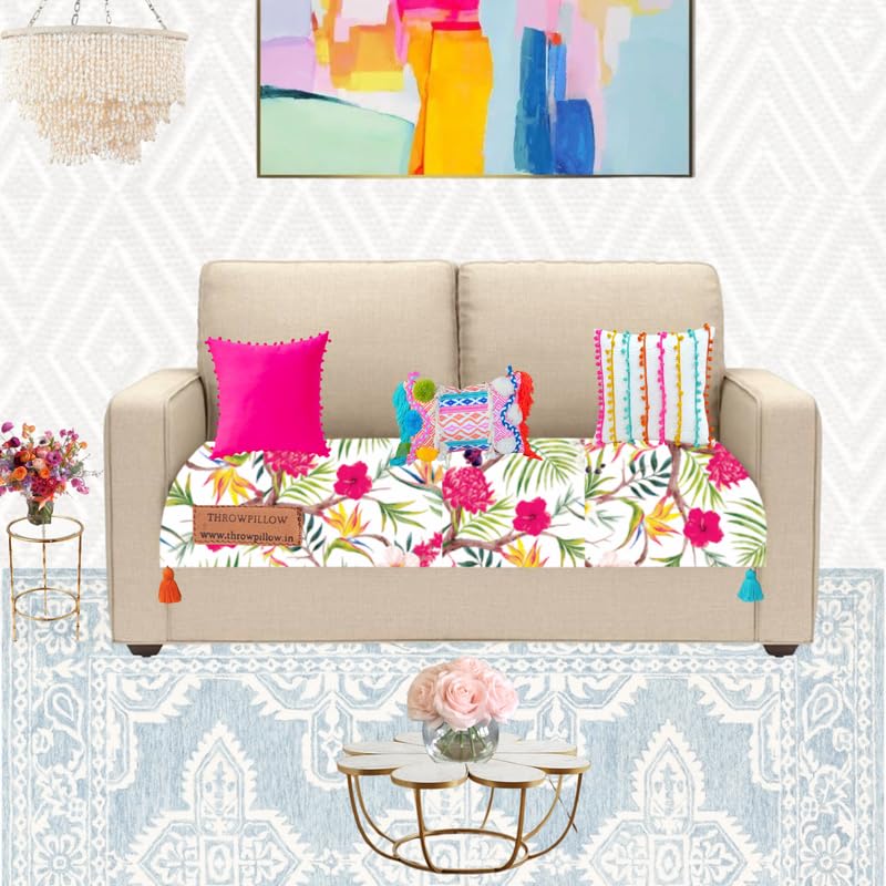 Image of Neutral Tropical Floral Sofa Cover Tassels: Modern 6 Seater Corner Sofa Protector: , Slip-Resistant & Stylish & Functional: Fits 3+2 Seater+Corner Sofa, Coverage: Seat- Set of 2 Seat Covers