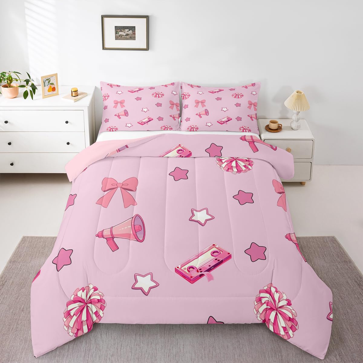 Feelyou Cheer Comforter Set Toddler Size Cheerleader Bedding Set for Kids Boys Girls Pink Bow Duvet Quilt Bowknot Bedroom Decor Microfiber 2 Pcs with 1 Pillow Cases