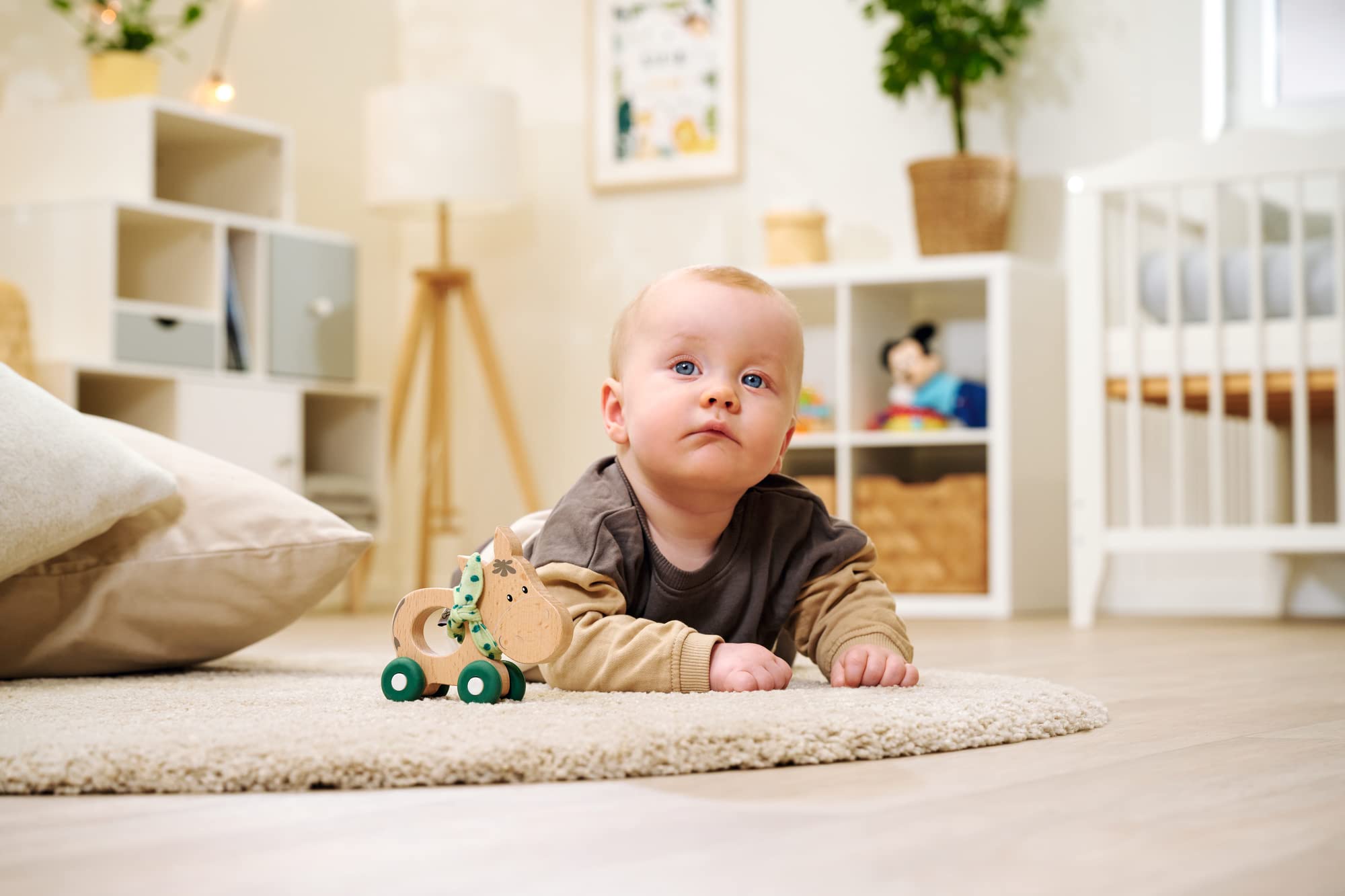 Eichhorn - Baby Hipp Collection - Sliding Donkey with Fabric, Silent Silicone Wheels, 12 cm Long, 100% FSC Certified Beech Wood, Suitable for Children from 1 Year