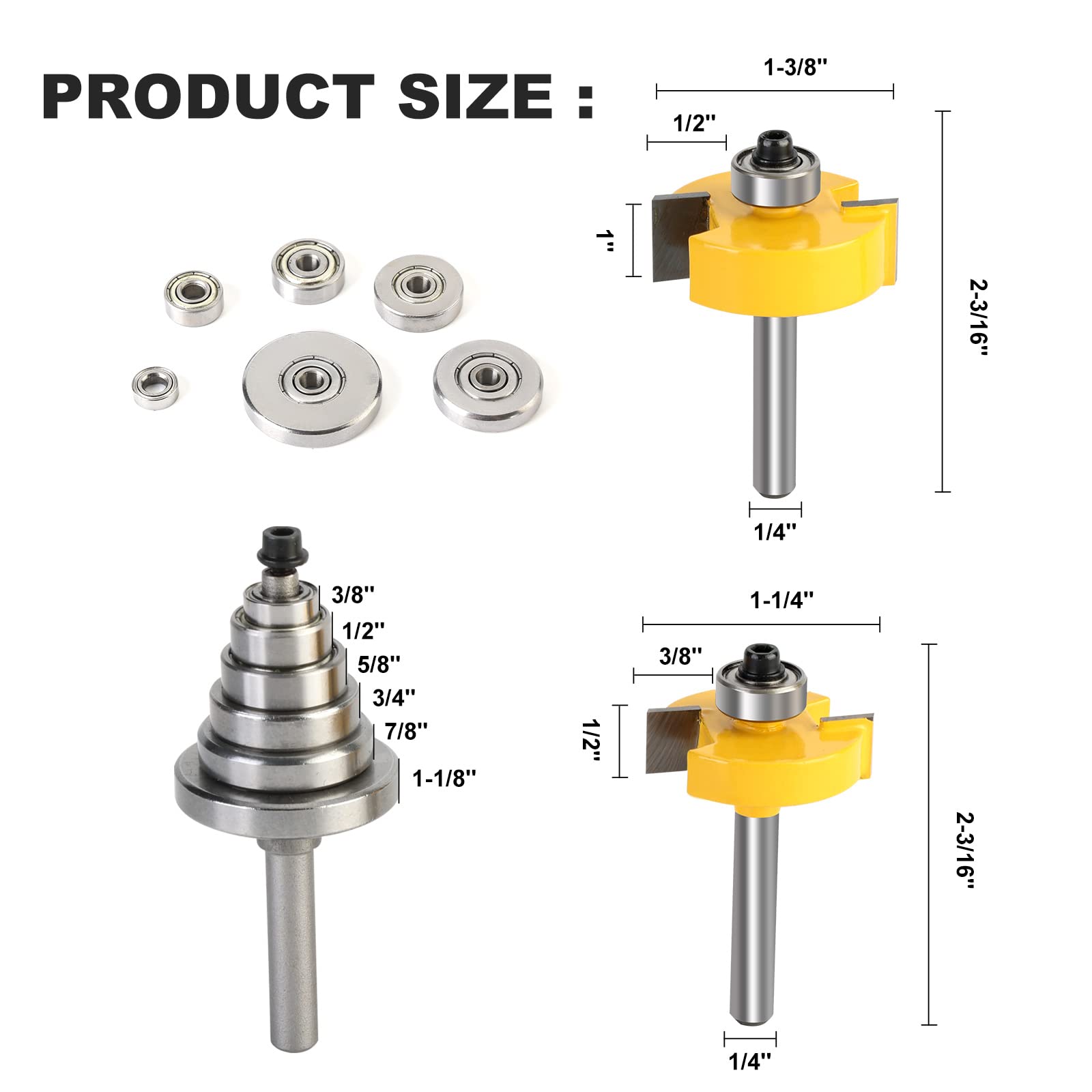 Yueqing Zhongji Rabbet Router Bit 1/4 Inch with 6 Bearings,Carbide Tipped Rabbeting Router Bit Set for (Multi Depths 1/2" - Image 2