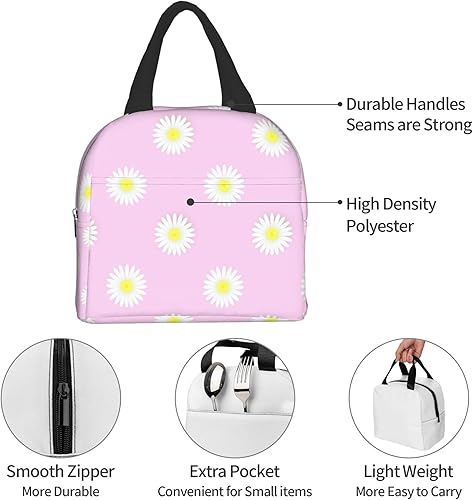 Miniatura 7 de Lonchera con aislamiento para mujer, bolsa térmica, contenedor reutilizable para el trabajo, oficina, viajes, picnic, diseño de margarita en rosa