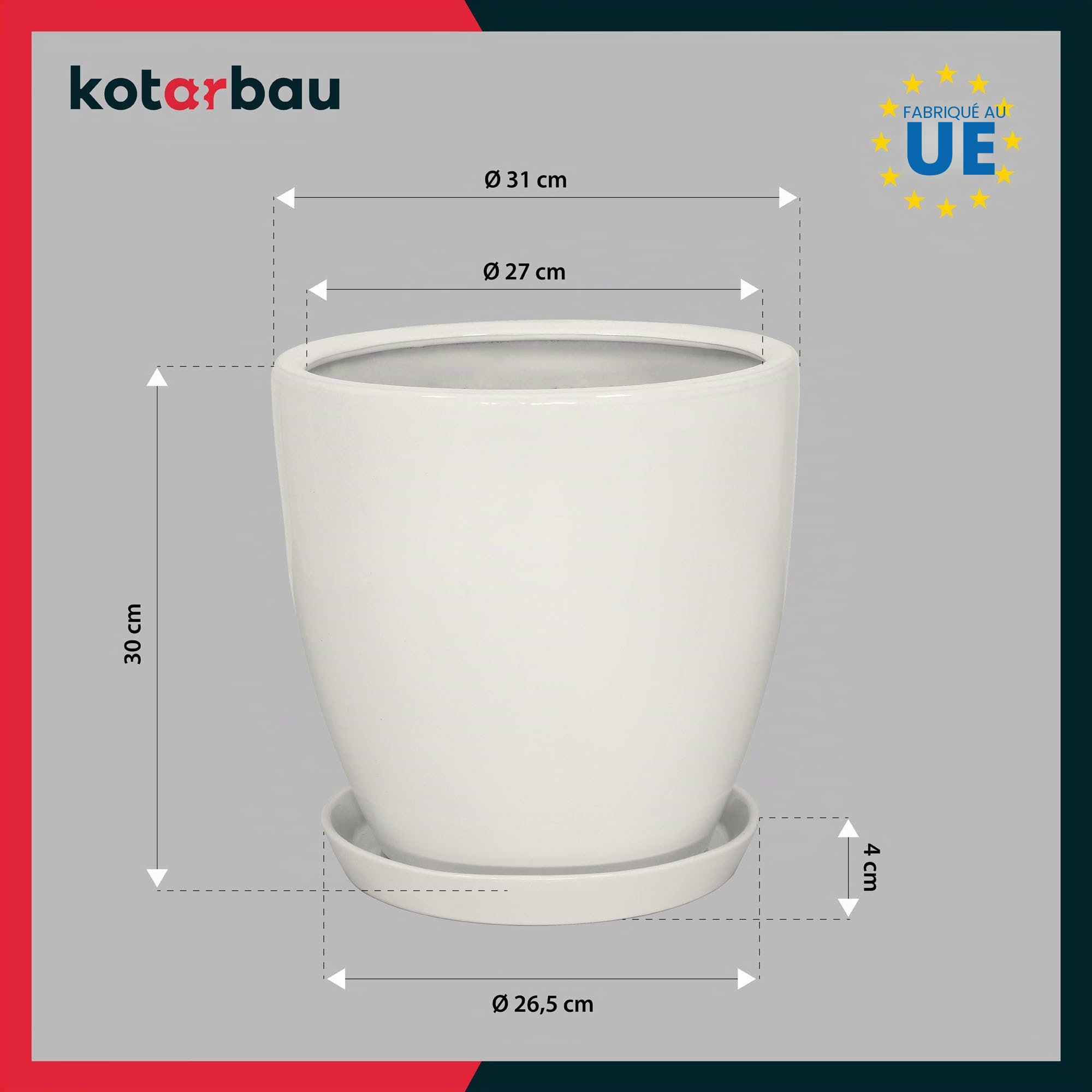 KOTARBAU Pot de fleurs avec soucoupe - Blanc - Diamètre : 31 cm - Hauteur : 30 cm - En céramique émaillée - Grand pot de fleurs pour cactus