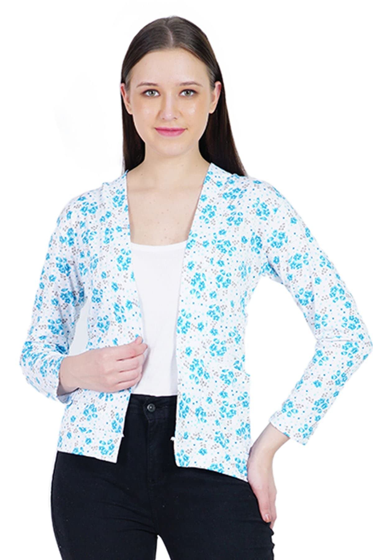 amazon brand - nora nico Nora Nico Women's Plus Size 3XL Cotton Shrug - Blue Floral Print, Front Open Design, Long Sleeves, V-Neck Summer Jacket, Casual Layering Essential-picture-44