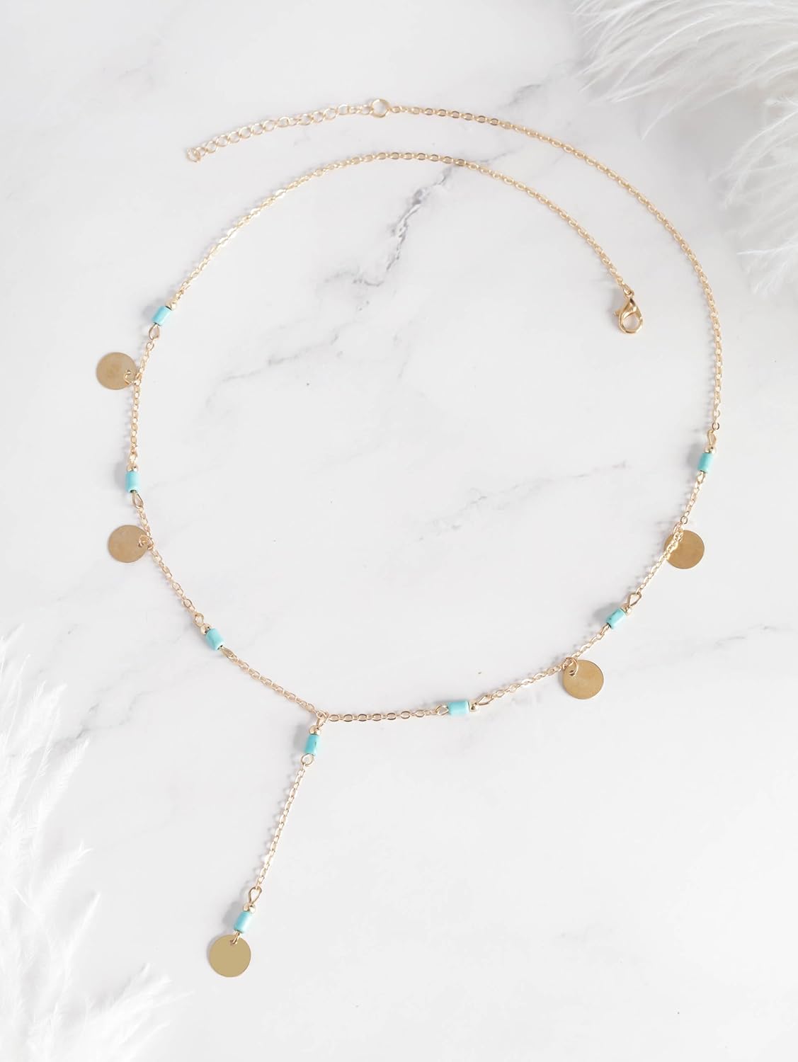 MINACHI Vintage Boho Created Turquoise Coin Dainty Gold Plated Chain Y Necklace, Trendy Minimalist Bohemian Jewelry Gift for Women - Image 4