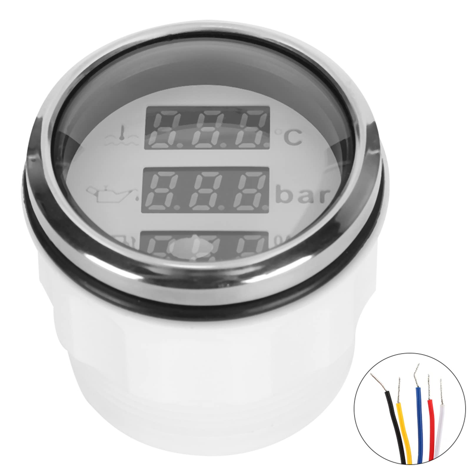Medidor de temperatura del agua de refrigeración y presión de aceite 2 en 1, medidor de nivel de multifunción con alarma, resistente al agua IP67 para automóvil y bote, (Marcar blanca)