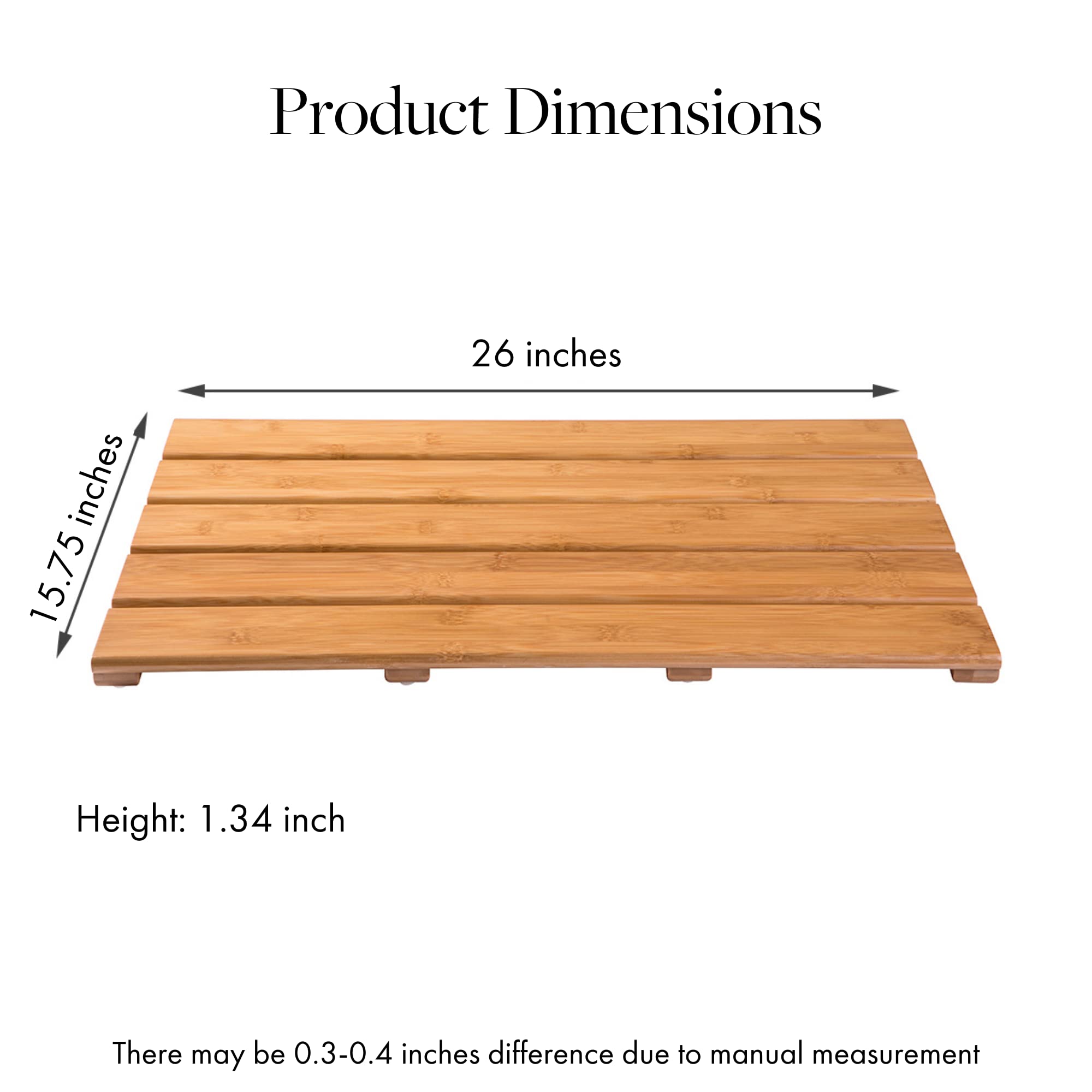 GOBAM Bamboo Bath Mat, Large, 26 x 15.75 x 1.34 inches - Water Resistant, Non-Slip Shower Mat for Spa, Sauna, Kitchen, Pool, Indoor, Outdoor - Bamboo Bathroom Accessories - Natural