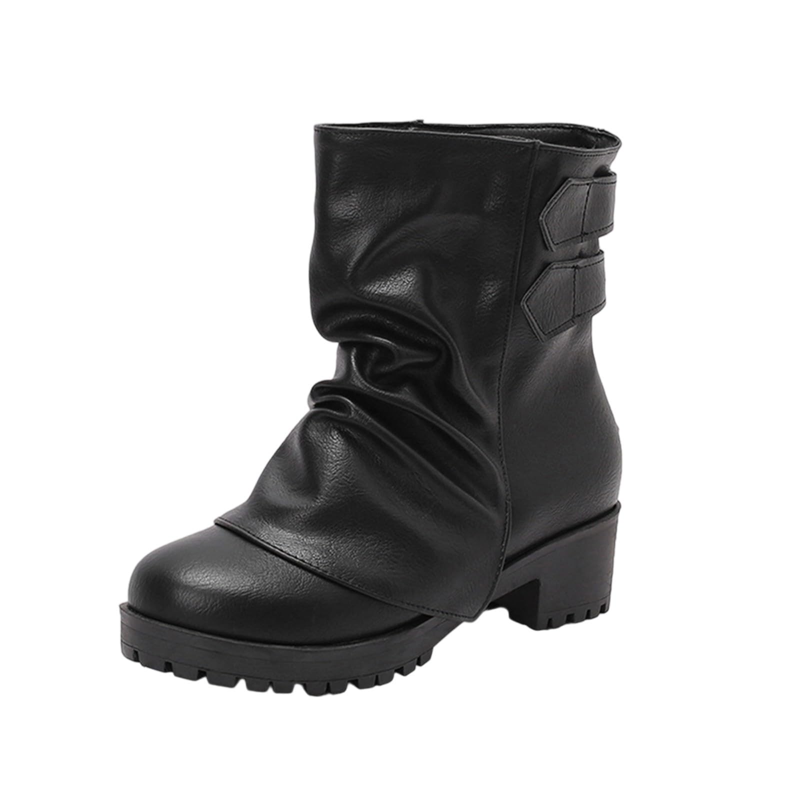 Women Riding Ankle Boots Buckle Strap Fold Over Booties Chunky Round Toe Low Heels Pull On Slouchy Ruched