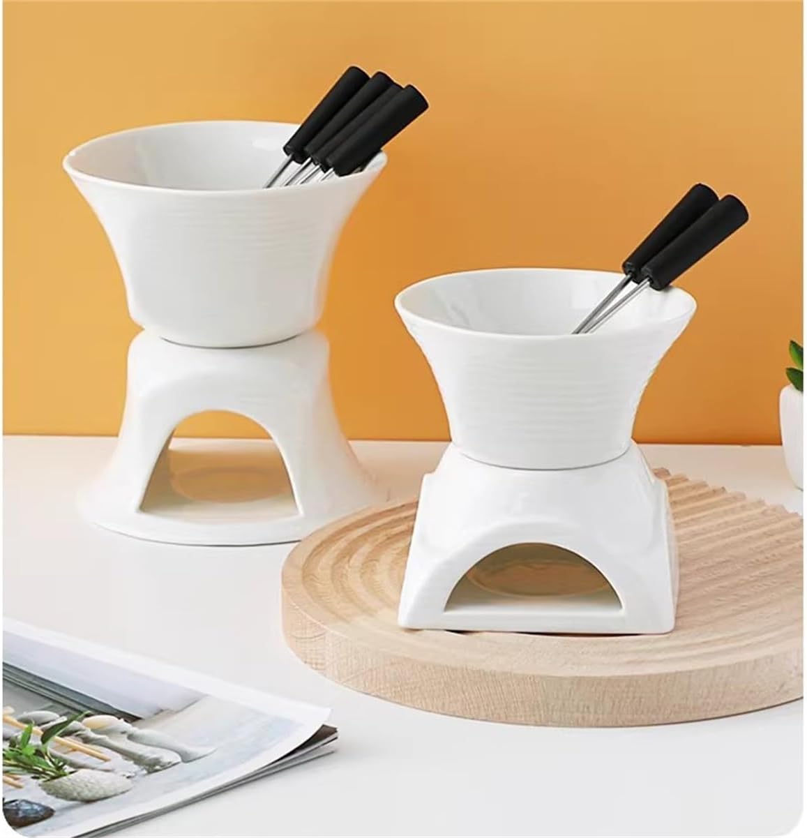 White Ceramic Chocolate Fondue Pot with Heating Stove - Portable, Ultra-Flexible for Cheese & Ice Cream, Includes Forks & Easy to Clean, 2 Pieces(A)