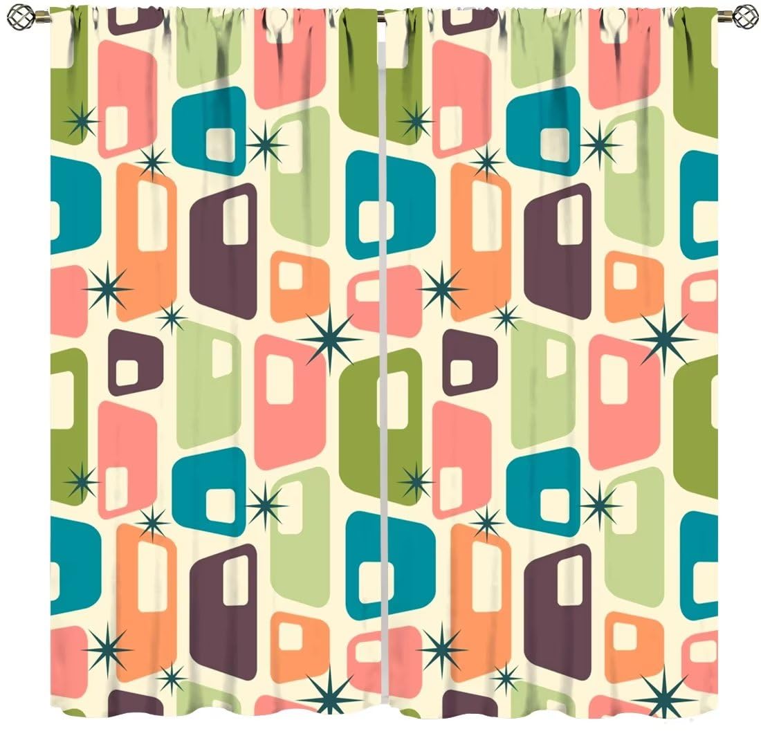 DDCBNS Vintage Mid Century Curtains,Retro Square Design Abstract Geometric Décor Curtains for Bedroom Living Room Kitchen Studio Art Window Drapes 2