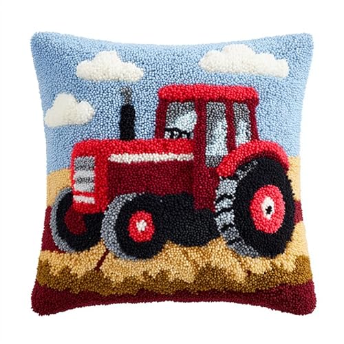 WallustrioaW Latch Hook Kit Cushion,Latch Hook Kit,Cartoon Tractor,DIY Pillow Materials for Beginners Kids Adults,Home Art Decorative,17x17inch