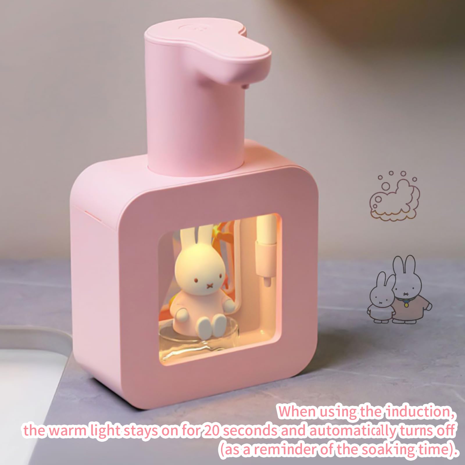 Mipow x Miffy 2025 Nuovo Modello Dispenser Automatico di Sapone Touchless - 3 Livelli di Schiuma Regolabili Sensore Intelligente, Dispenser di Sapone per le Mani per Bagno, Cucina, Casa Ufficio, Rosa