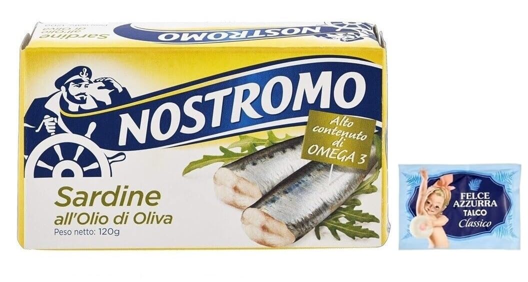 12x Nostromo Sardine all'Olio di Oliva,sarde in olio d'oliva, Pesce in Scatola,Lattine da 120g + 1 Confezione di Talco Felce Azzurra in omaggio, Busta da 100g