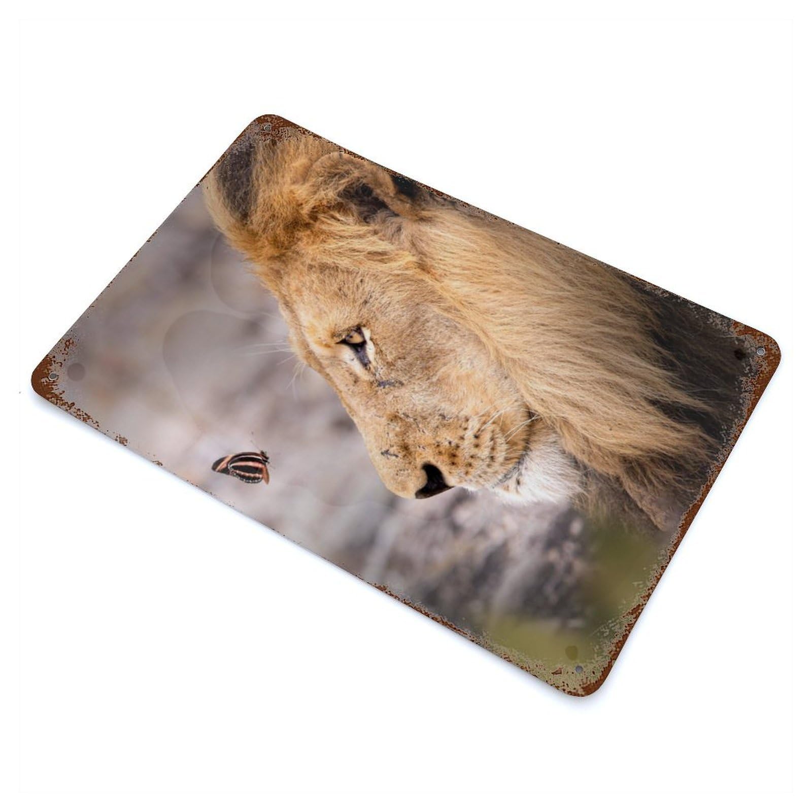 The Lion And Butterfly Rustic Tin Plaque 11.8"x7.9", Ideal for Shed, Workshop And Garage Wall Decor