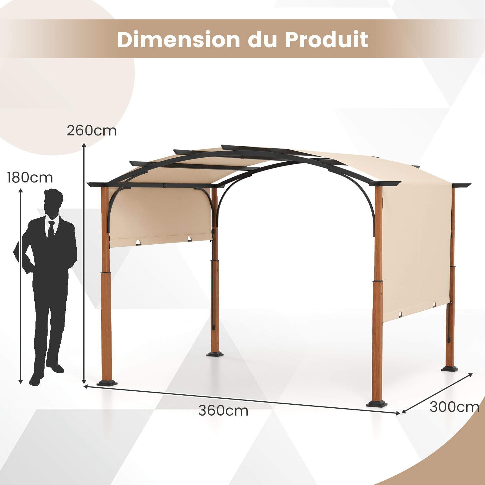 COSTWAY Pergola Rétractable d'Extérieur 300 x 360 CM, Pergola Métallique à Arcs pour Patio avec Auvent Rétractable Poteaux Aspect Bois, Tonnelle Treillis pour Jardin Patio Porche Cou (Beige)