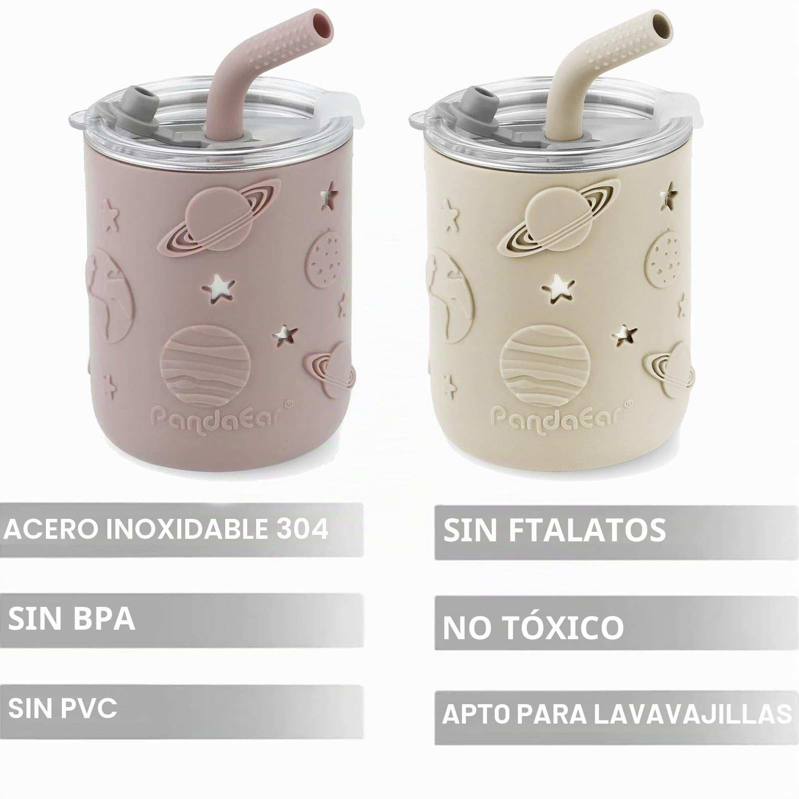 PandaEar Paquete De 2 Vasos De Acero Inoxidable Para Niños Con Tapas Y Fundas De Silicona | 260 ml Vasos Antiderrames Con Tope Para Pajilla Y Pajillas Suaves Para La Dentición De Bebés (Beige Y Rosa)