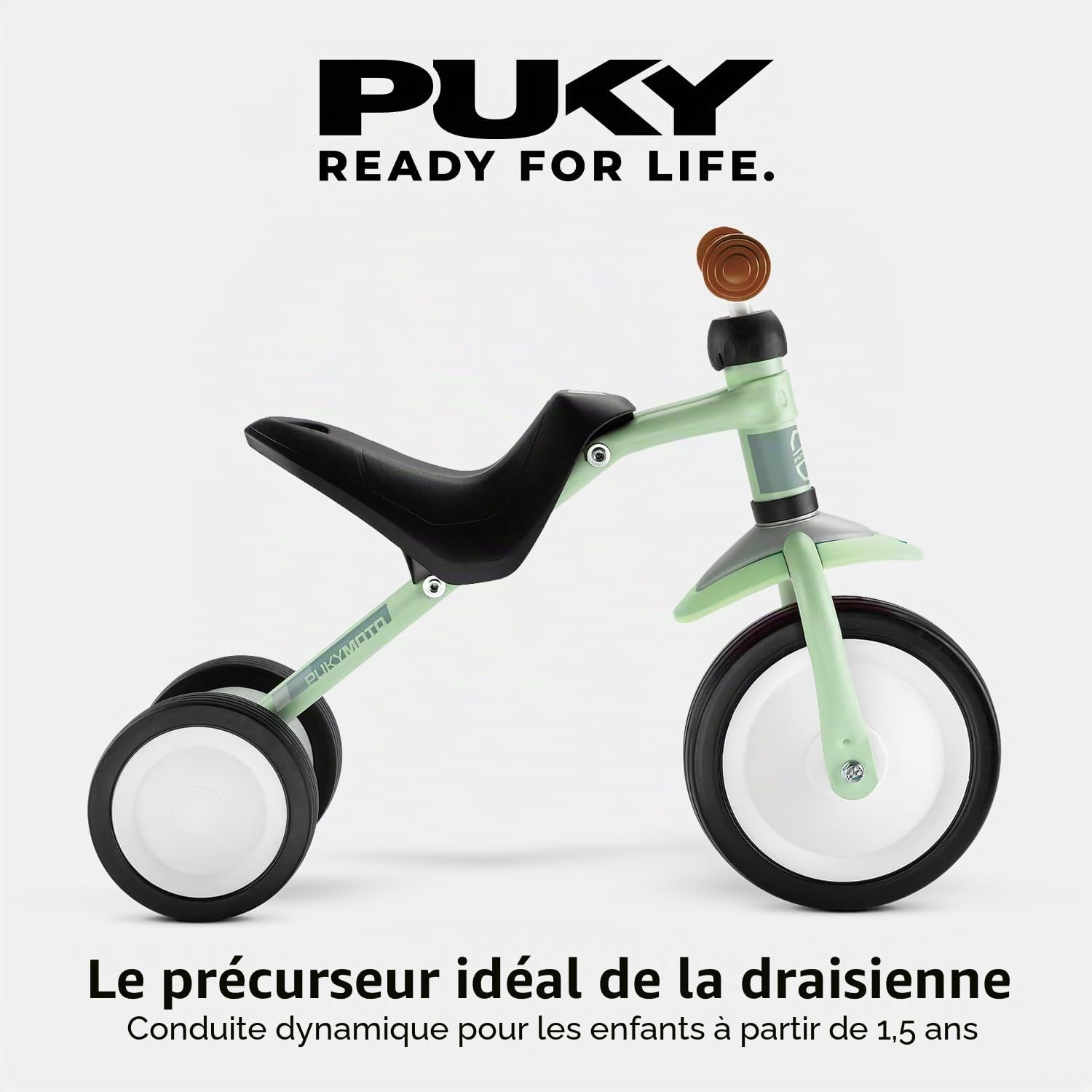 PUKY PUKYMOTO Vert | 2en1: Draisienne et Porteur | Trotteur dès 1,5 ans | Jouet sans pédales | Vélo enfant avec limitation de braquage | Véhicule enfants avec roues FLOAT pour intérieur/extérieur