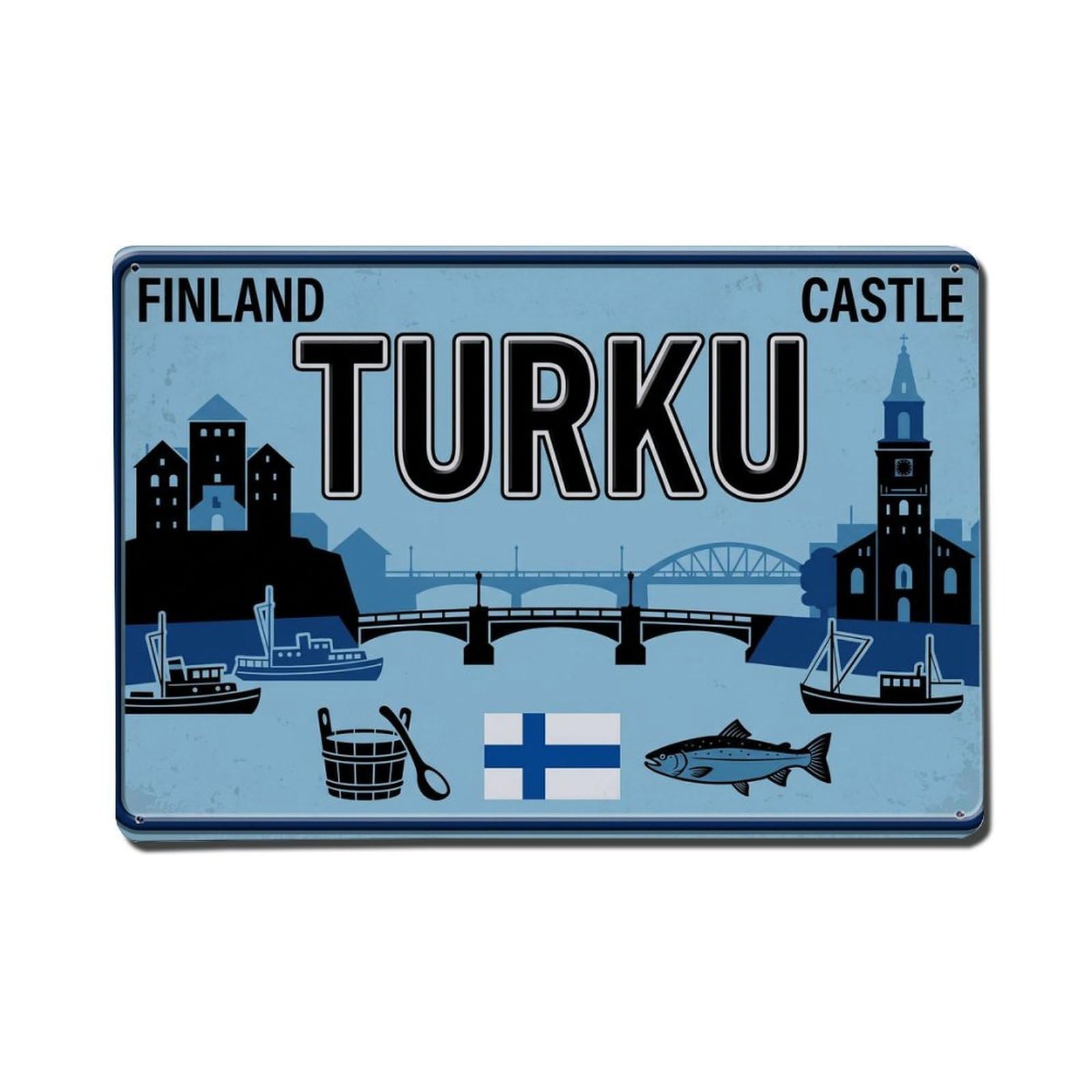 Cxhjca 8X12inch(20X30cm) Vintage Travel Turku Castle River Sauna Metal Tin Sign
