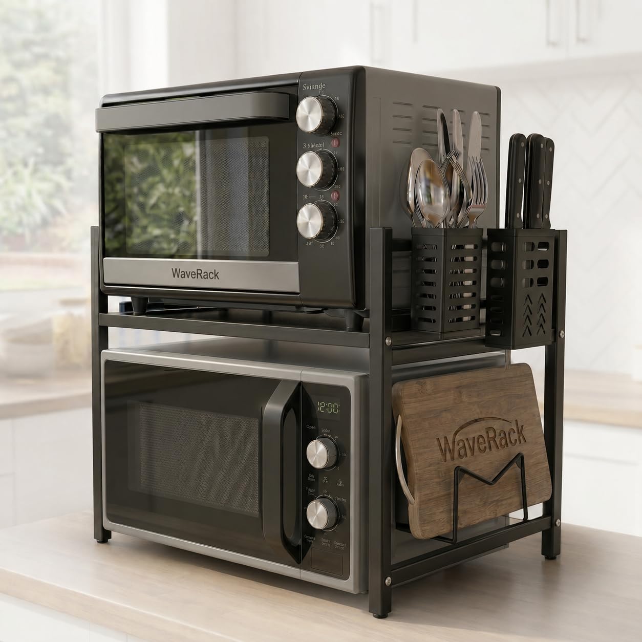 Expandable Microwave Shelf Stand Durable Steel, 2 Tier Countertop Rack for Kitchen Storage & Organisation with Hooks, Knife & Cutlery Holders, Space Saving Over Microwave Shelf Unit (Black)-image-20