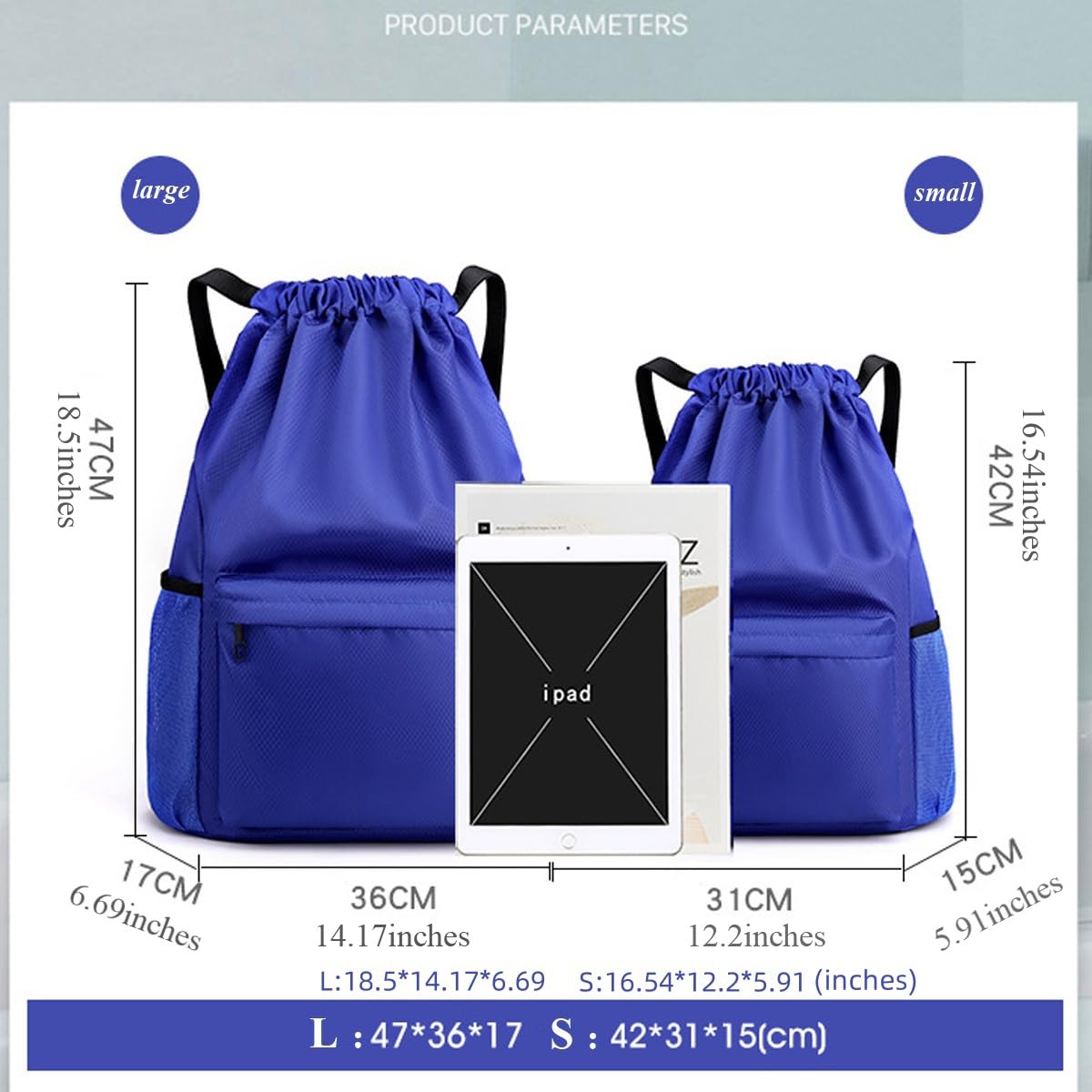 YYKSYDPT Drawstring Backpack, Waterproof Bag Men Women, Drawstring Gym Bags With Outside Zipper and Mesh Pocket (Black, L)