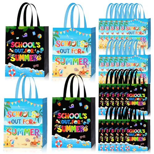 Zenoble 24 Pcs End of Year Gifts Bags, School's Out for Summer Gift Bags Bulk with Handles Non-woven Last Day of School Goodie Bag for Kids Students Summer Pool Party Favors Supplies