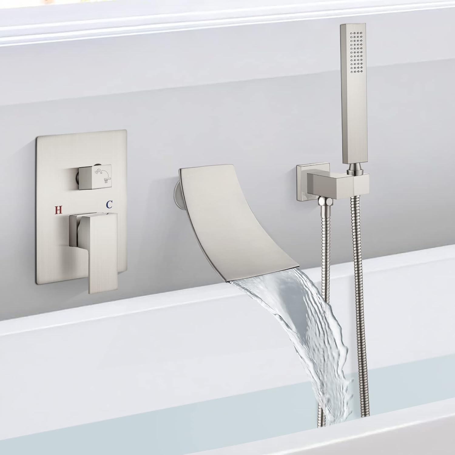 Waterfall Bathtub Faucet Wall Mounted Tub Filler with Hand-held Shower Tub Spout Bathroom One Handle Shower Kit Rough-in Valve Included，Brushed Nickel
