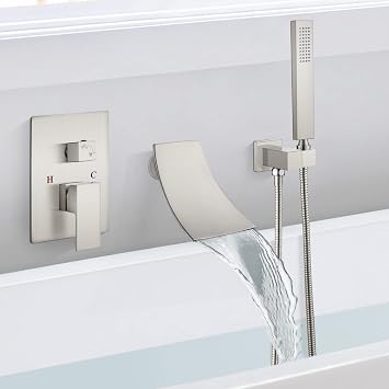 Waterfall Bathtub Faucet Wall Mounted Tub Filler with Hand-held Shower Tub Spout Bathroom One Handle Shower Kit Rough-in Valve Included,Brushed Nickel