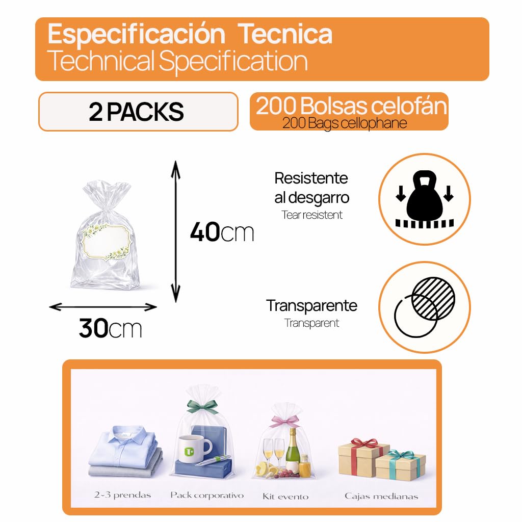Ofituria Cellophanbeutel Transparent 30 x 40 cm Großformat für Boxen, Kleidung & Bücher – Extra Platz Für Geschenkverpackung, Als Transparente Tüten Zum Verpacken, 2 Packs (200 Beutel)
